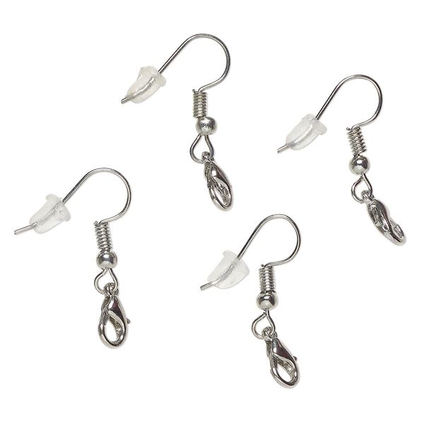 Ear wire fishhook 1pkg4, 19mm / lobster claw clasp / safety nut, 22 gauge silver-finished steel / brass 2 pair image number 0