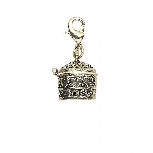 Drop, antique gold-finished "pewter" (zinc-based alloy), 14x13mm cylinder prayer box with heart design and magnetic closure with lobster claw clasp. Sold individually. image number 0