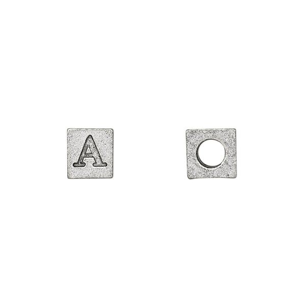 Bead, antiqued pewter (tin-based alloy), 7mm cube with Greek letter, ALPHA. Sold per pkg of 4. image number 0