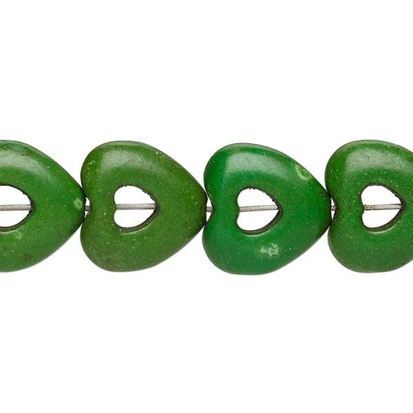Bead, "turquoise" (resin) (imitation), dark apple green, 15x15mm open heart with 4x4mm center hole. Sold per 15-inch strand. image number 0