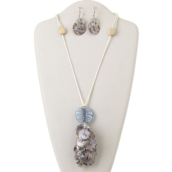 Necklace and earring set, gmelina wood and coconut palm tree wood (natural) / plastic / lampworked glass / nylon cord / silver-coated plastic / silver-finished steel, multicolored, 38mm painted flat round with 6-inch dangle, 22 to 32-inch adjustable, 2-1/2 inch fishhook earrings. Sold per set. image number 0