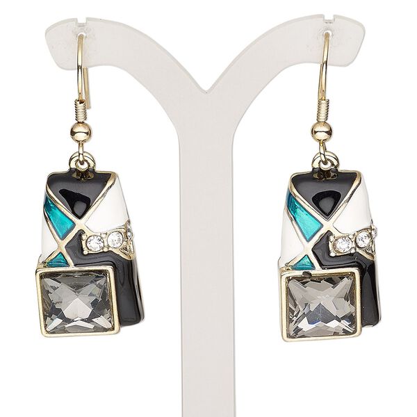 Earring, glass rhinestone / enamel / glass / gold-finished brass / "pewter" (zinc-based alloy), multicolored, 1-3/4 inches with rectangle and fishhook ear wire. Sold per pair. image number 0