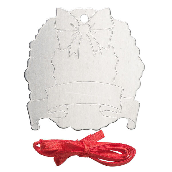 Ornament, ImpressArt®, aluminum and polyester, 2-1/16 x2 inch wreath with ribbon. Sold per pkg of 3. image number 0