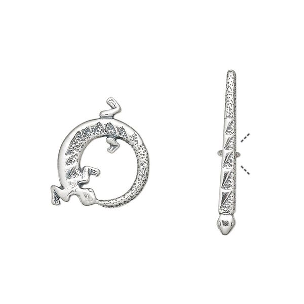 Clasp, JBB Findings, toggle, antiqued sterling silver, 13mm round with lizard. Sold individually. image number 0