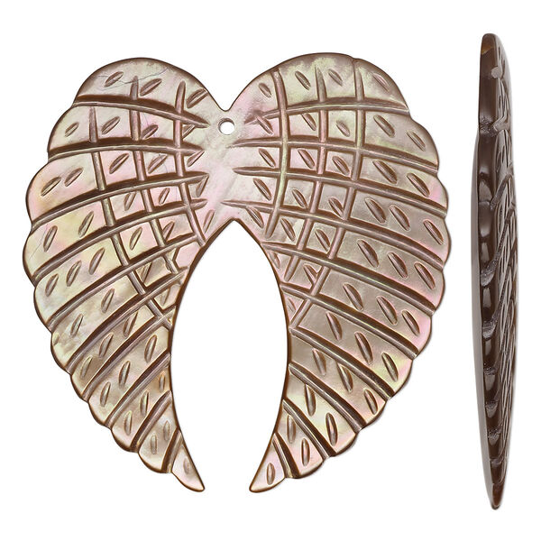 Focal, penguin wing oyster shell (natural), 40x39mm-42x41mm single-sided hand-cut carved wings, Mohs hardness 3-1/2. Sold individually. image number 0