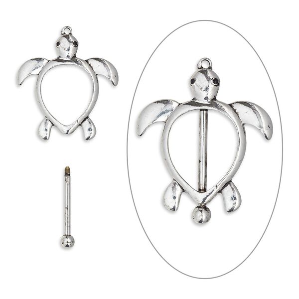 Focal, bead pin, enamel / antique silver-finished brass / "pewter" (zinc-based alloy), black, 47.5x41.5mm single-sided turtle with twist-off top, 24.5mm beadable length. Sold individually. image number 0