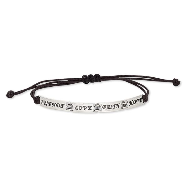Bracelet, waxed cotton cord and antiqued sterling silver, black, 5mm wide with rectangle and assorted designs, adjustable from 6-10 inches with macramé knot closure. Sold individually. image number 0