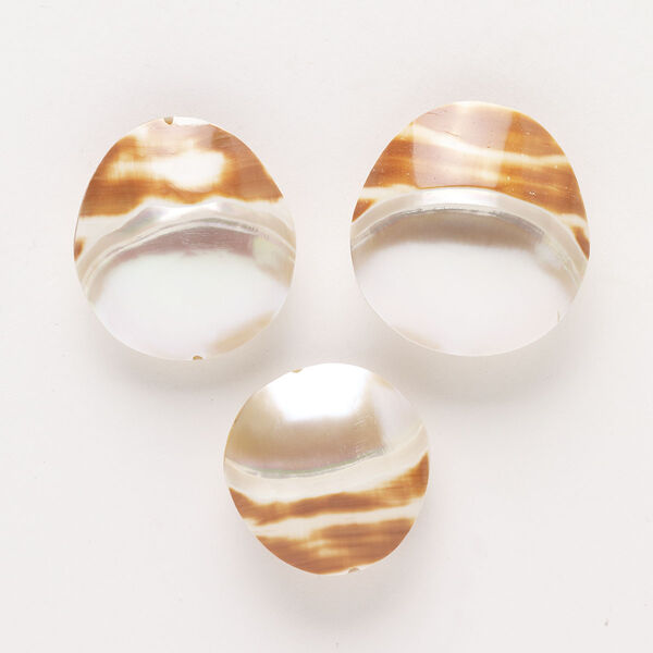 Bead, shell (natural), white and brown, 30-35mm puff, Mohs hardness 3-1/2. Sold per pkg of 3. image number 0