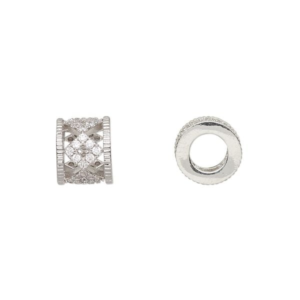 Bead, cubic zirconia and silver-finished brass, clear, 9.5x8mm cylinder with cutout diamond design. Sold individually. image number 0