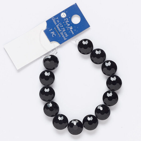 Bead, glass, black, 14mm faceted puffed flat round. Sold per 7-inch strand. image number 0