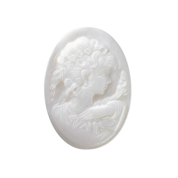 Cabochon, mother-of-pearl shell (natural), 30x22mm calibrated carved oval cameo with woman, Mohs hardness 3-1/2. Sold individually. image number 0