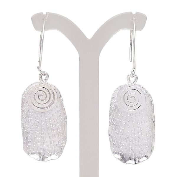 Earring, Hill Tribes, silver-plated copper, 2-1/2 inches with textured rounded rectangle and swirl design with French hook ear wire. Sold per pair. image number 0