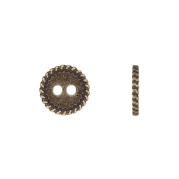 Button, antiqued brass-finished "pewter" (zinc-based alloy), 12.5mm double-sided flat round with rope edge. Sold per pkg of 50. image number 0