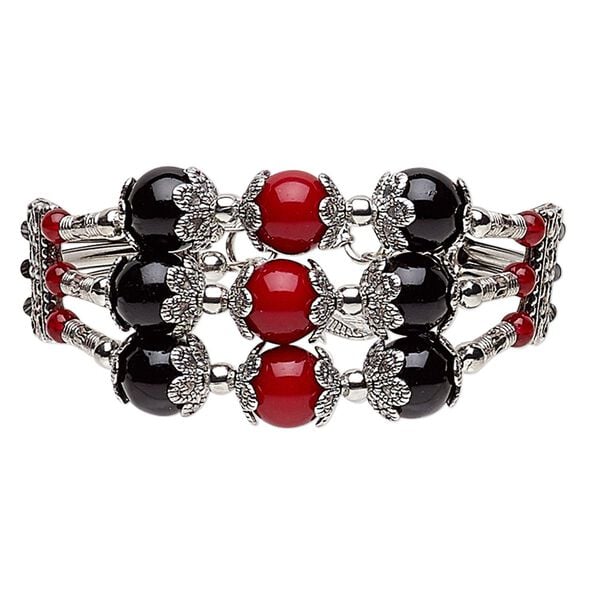Bracelet, 3-strand, glass / silver- / antique silver-plated steel / "pewter" (zinc-based alloy), red and black, 31mm wide with 24x8mm feather dangle, 6-1/2 inches with 1-1/2 inch extender chain and lobster claw clasp. Sold individually. image number 0