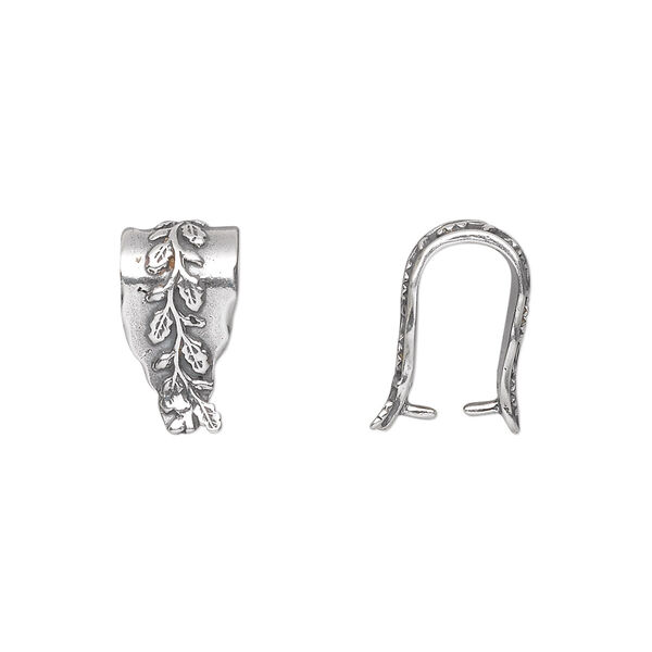 Bail, ice-pick, antiqued sterling silver, 15x8mm fancy shield with leafy vine design, 12mm grip length. Sold individually. image number 0