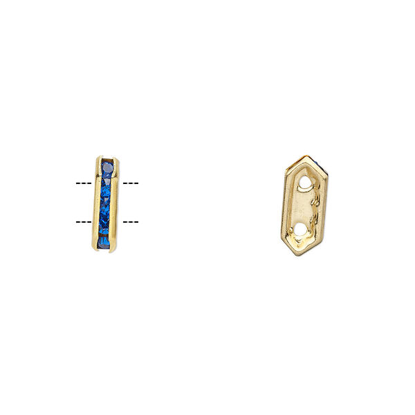 Spacer, glass rhinestone and gold-finished brass, blue, 11x2.5mm 2-strand bridge, fits up to 4.5mm bead. Sold per pkg of 10. image number 0