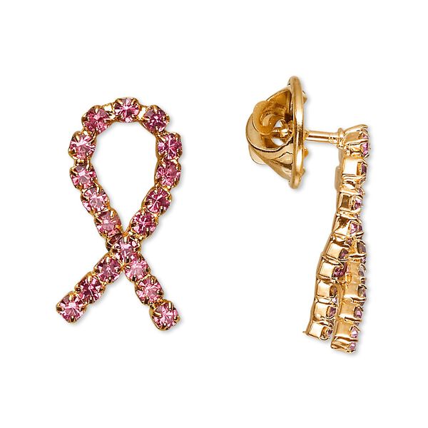 Spot pin, glass rhinestone and gold-finished brass, pink, 1-inch breast cancer awareness ribbon. Sold individually. image number 0