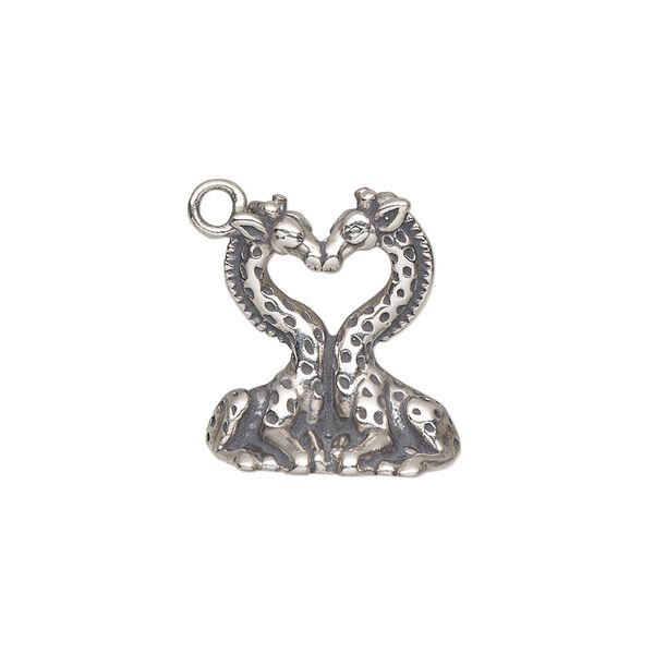 Charm, antiqued sterling silver, 19x17mm single-sided kissing giraffes. Sold individually. image number 0