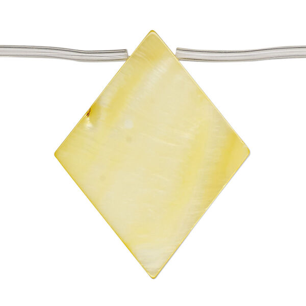 Bead, mother-of-pearl shell (dyed), yellow, 35x4mm-37x8mm top-drilled flat diamond, Mohs hardness 3-1/2. Sold per 15-inch strand, approximately 10 beads. image number 0