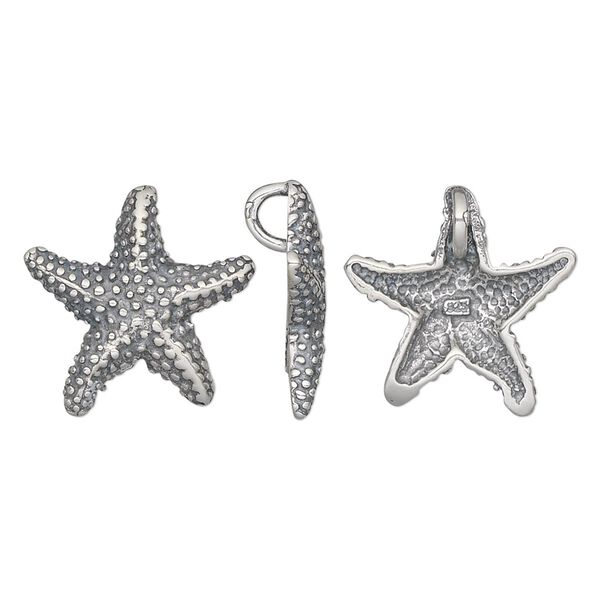 Charm, antiqued sterling silver, 18x18mm single-sided starfish. Sold individually. image number 0