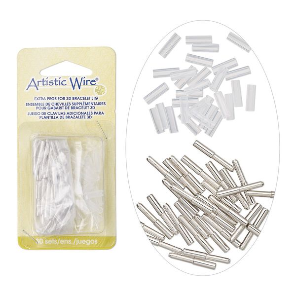 3D bracelet jig pegs, Beadalon® Artistic Wire®, steel and plastic, clear, (30) 23x3mm pegs and (30) 12x4mm fasteners. Sold per 60-piece set. image number 0