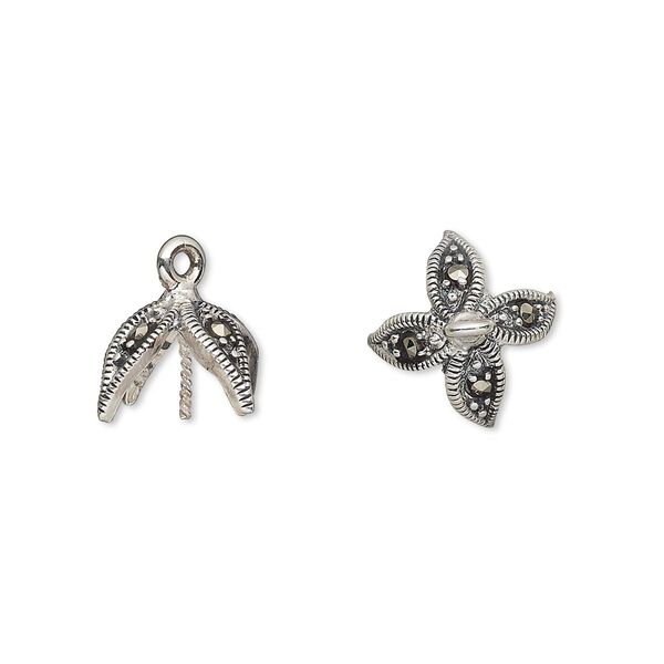 Cup, marcasite (natural) and antiqued sterling silver, 13.5x13mm four leaves with 0.8mm twisted peg, fits 10-12mm bead. Sold individually. image number 0