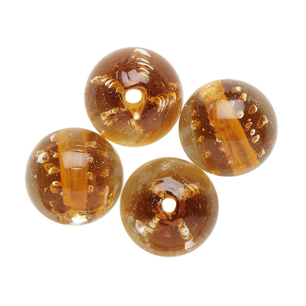Bead, lampworked glass, translucent gold, 14mm round. Sold per pkg of 4. image number 0