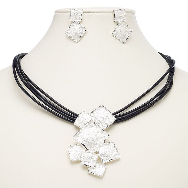 Necklace and earring set, 5-strand, leather (dyed) / imitation rhodium-plated brass / steel / "pewter" (zinc-based alloy), silver and black, 2-3/4 x 1-3/4 inch matte and shiny squares, 18-inch necklace with 2-inch extender chain and lobster claw clasp, 32mm earrings with post. Sold per set. image number 0