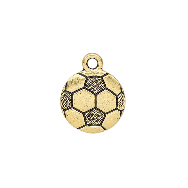 Charm, TierraCast®, antique gold-plated pewter (tin-based alloy), 15mm double-sided textured soccer ball. Sold per pkg of 2. image number 0