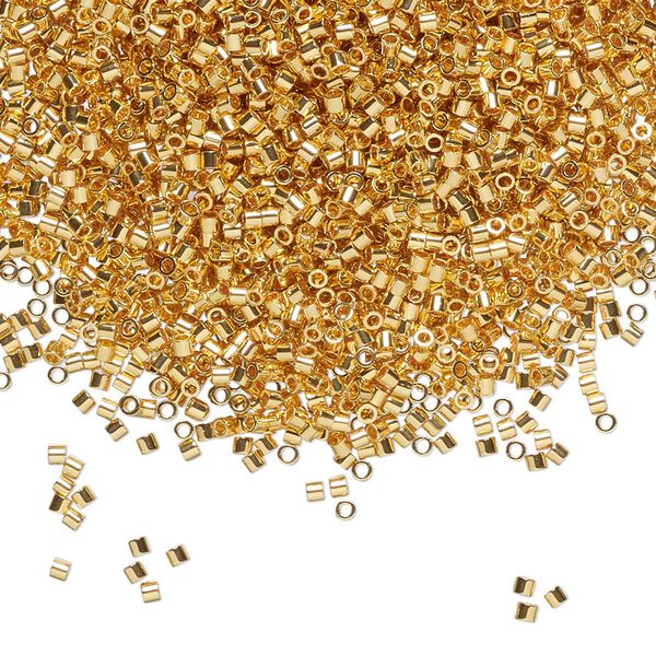 Seed bead, Delica®, glass, pkg/50g, #15 round, opaque 24Kt gold-plated (DBS-0031). image number 0