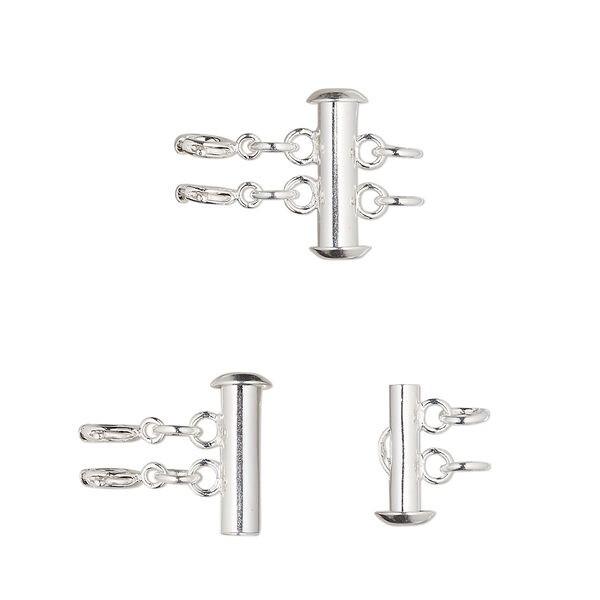 Clasp, 2-strand slide lock, silver-finished brass, 17x6mm round tube with 2 springring clasps and (2) 5mm open jump rings. Sold individually. image number 0