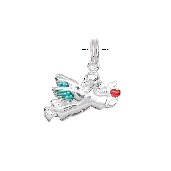 Charm, sterling silver and enamel, blue and red, 21x14mm flying angel. Sold individually. image number 0