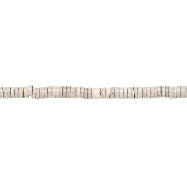 Bead, grey oyster shell (natural), 2-3mm hand-cut heishi, Mohs hardness 3-1/2. Sold per 15-1/2" to 16" strand. image number 0
