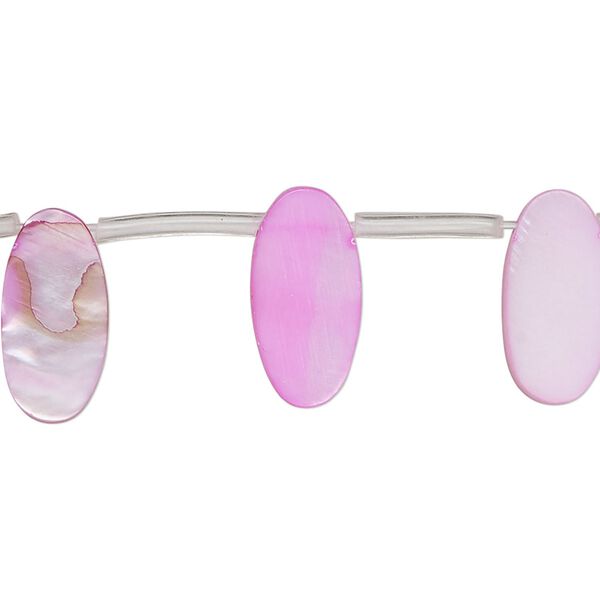 Bead, mother-of-pearl shell (dyed), pink, 15x6mm-16x7mm top-drilled flat oval, Mohs hardness 3-1/2. Sold per 15-inch strand, approximately 25 beads. image number 0