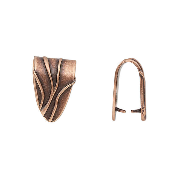Bail, JBB Findings, ice-pick, antique copper-plated brass, 15x10mm shield with lines, 11.5mm grip length. Sold individually. image number 0