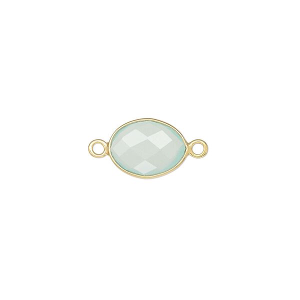 Link, chalcedony (dyed) and gold-finished sterling silver, aqua blue, 9x7mm-12x10mm oval with 8x6mm-11x9mm hand-cut double-sided faceted flat freeform oval. Sold individually. image number 0