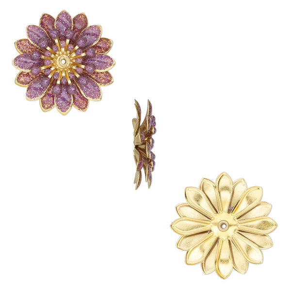 Component, epoxy and gold-finished copper, purple with purple glitter, 30.5x28.5mm center-drilled single-sided flower. Sold per pkg of 2. image number 0