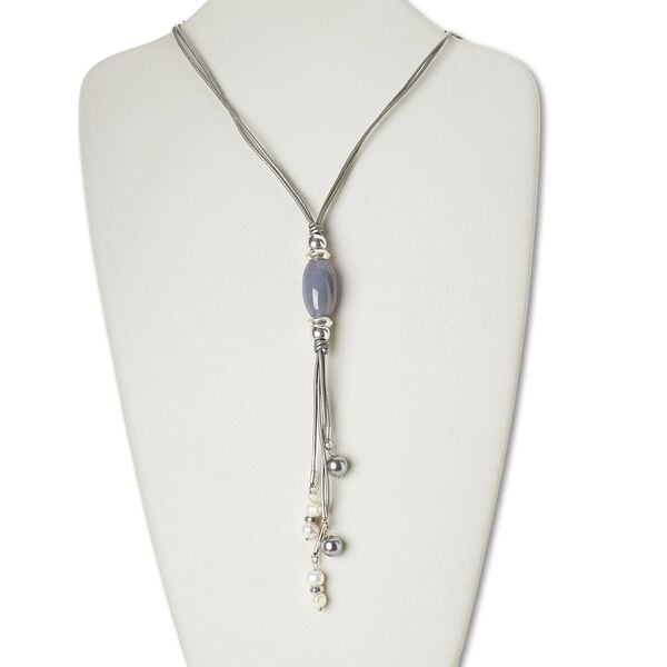 Necklace, agate (natural) / cultured freshwater pearl (bleached) / leather (dyed) / glass / silver-coated plastic / silver-finished steel / "pewter" (zinc-based alloy), grey and white, 7-1/2 inch dangle with 28x15mm oval, 30 inches with 2-inch extender chain and lobster claw clasp. Sold individually. image number 0