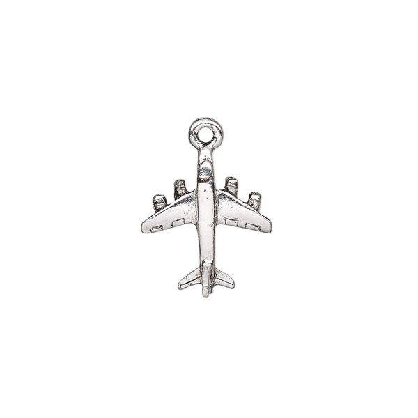 Charm, antique silver-plated pewter (tin-based alloy), 17x15mm 3D jet plane. Sold individually. image number 0