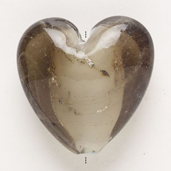 Bead, lampworked glass, pkg/1, opaque and translucent olive green and white with silver- and gold-colored foil, 34-3mm puffed heart. image number 0