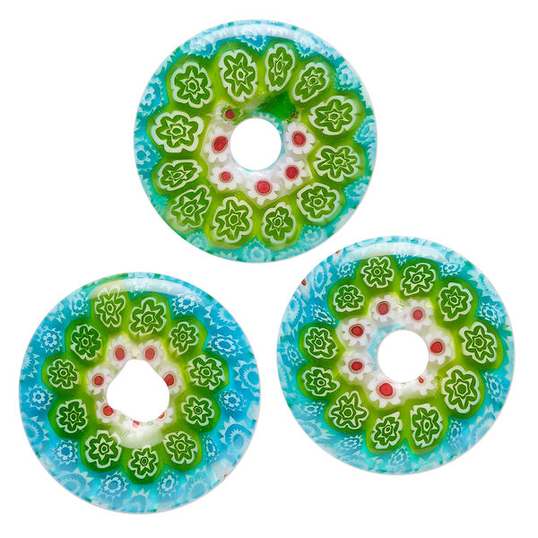 Component, millefiori glass, translucent multicolored, 24-26mm undrilled donut with flower design. Sold per pkg of 3. image number 0