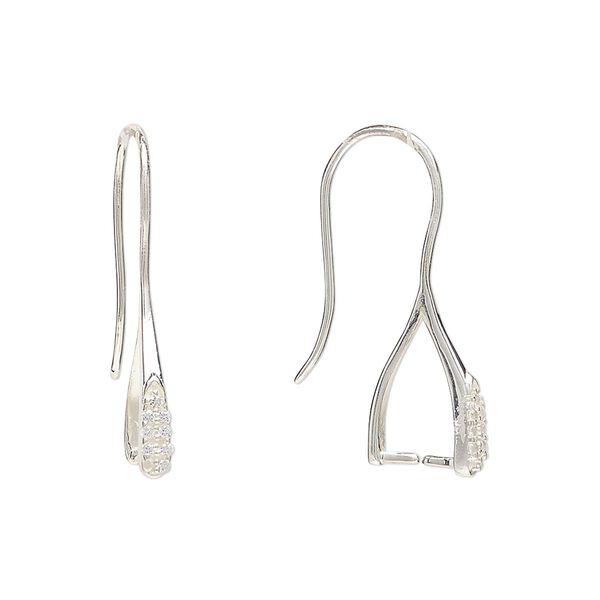 Ear wire 1pkg2 sterling silver / cubic zirconia, 24mm / ice-pick bail / 9mm grip length, 20 gauge 1 pair image number 0
