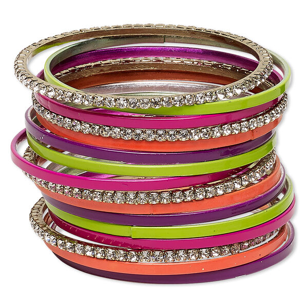 Bracelet, bangle, glass rhinestone / painted aluminum / gold-finished steel, assorted neon colors, 3-3.5mm wide, 8 inches. Sold per 16-piece set. image number 0