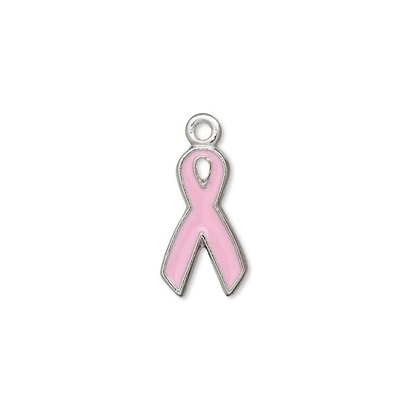Charm, antiqued pewter (tin-based alloy) and pink enamel, 16x9mm awareness ribbon. Sold per pkg of 2. image number 0