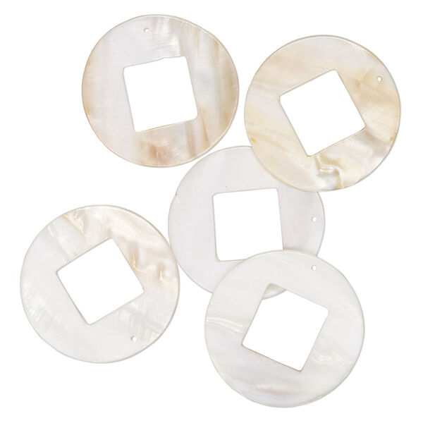 Focal, mother-of-pearl shell (bleached), 49-50mm round with cutout square, Mohs hardness 3-1/2. Sold per pkg of 5. image number 0