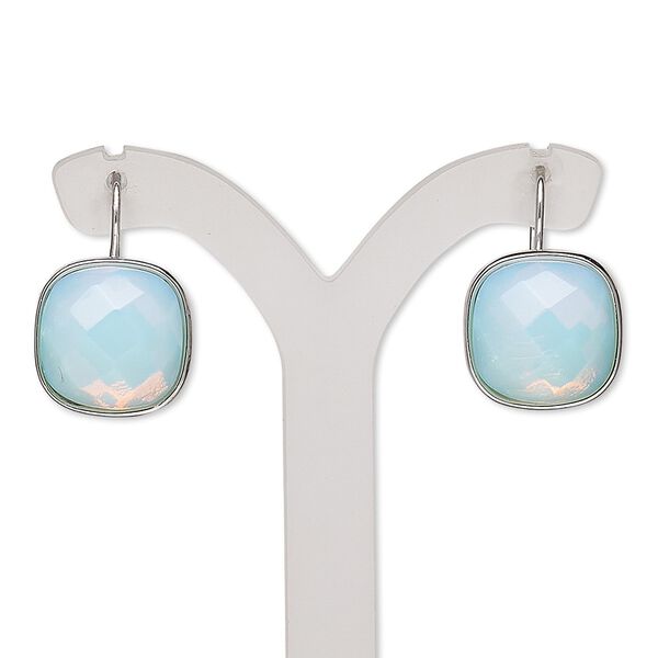 Earring, sea "opal" glass and silver-finished "pewter" (zinc-based alloy), 21mm with square and fishhook ear wire. Sold per pair. image number 0