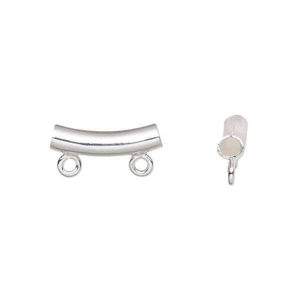 Bead, silver-plated brass, 14x4mm curved tube with 2 loops. Sold per pkg of 10. image number 0