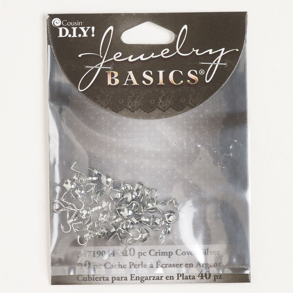 Bead tip, steel, pkg/40, 8x3.5mm bottom clamp-on with open loop, silver finish. image number 0