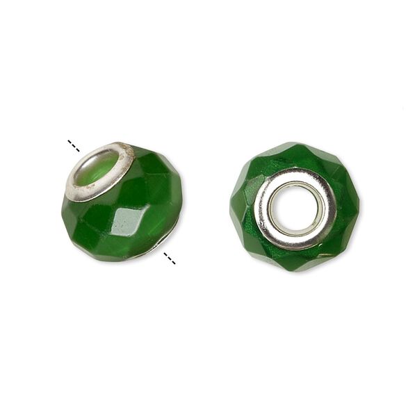 Bead, Dione®, cat's eye glass (fiber optic glass) and silver-plated brass grommets, dark green, 13x10mm-14x10mm faceted rondelle. Sold per pkg of 4. image number 0