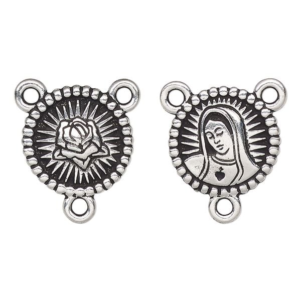 Connector, TierraCast®, antique silver-plated pewter, 16.5mm 2-sided rosary round with Our Lady and rose. Sold per pkg of 20. image number 0